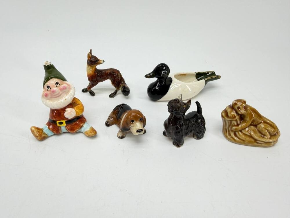 Ceramic Animal Figurines & Gnome Mixed Lot Glazed Dogs Deer Duck